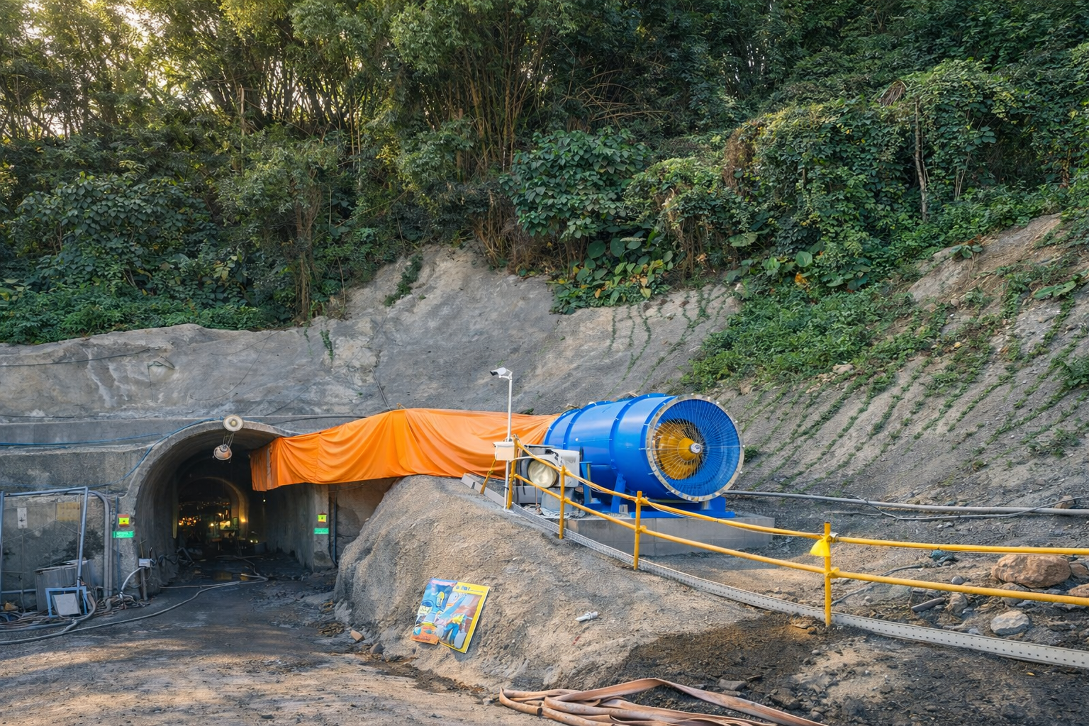 隧道用風機與搭配軟管於工地現場使用